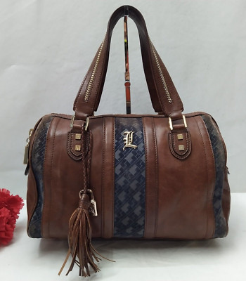 L.A.M.B. Love Capri Brown Leather Stripes Lock Double Handles Satchel Bag