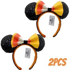2Pcs Disney Parks Halloween Candy Corn Sequins Bow Minnie Mouse Ears Headband