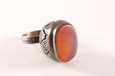 Ring Silber wohl Karneol oder Bernstein? orange Perldekor Antik um 1870-80