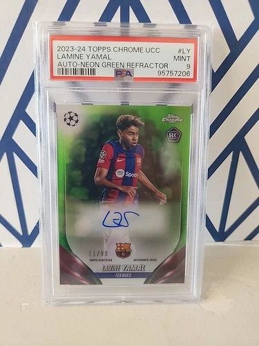 2023 TOPPS CHROME UEFA CLUB LAMINE YAMAL ROOKIE AUTO NEON GREEN /99 - PSA 9