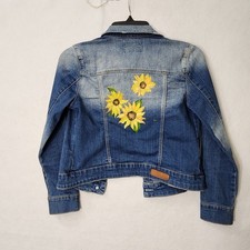 ZARA GIRLS SUNFLOWER DISTRESSED DENIM BLUE JEAN JACKET Size 11-12 Boho Layers