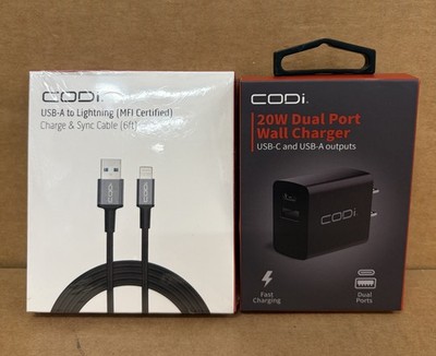 CODi 6ft USB-A to Apple Charging Cable & 20W Dual Port Wall Charger H