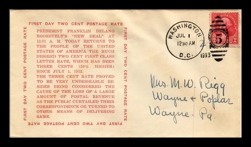 DR JIM STAMPS US COVER FIRST DAY TWO CENT POSTAGE RATE ROOSEVELT NEW DEAL