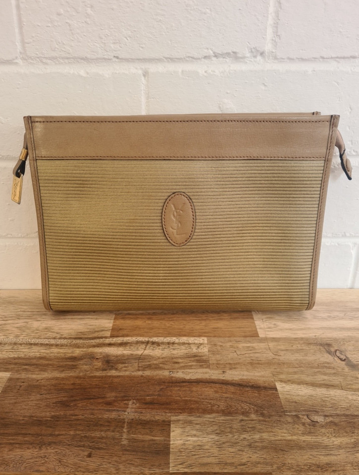 Yves Saint Laurent Vintage YSL Clutch Bag 80s Ribbed Canvas Pouch Japan Sourced