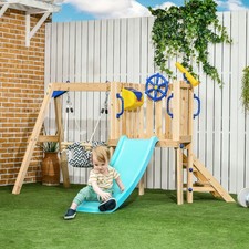 Outsunny Wooden Swing Set with Slide, Baby Swing Seat, Fort for 1.5-4 Years