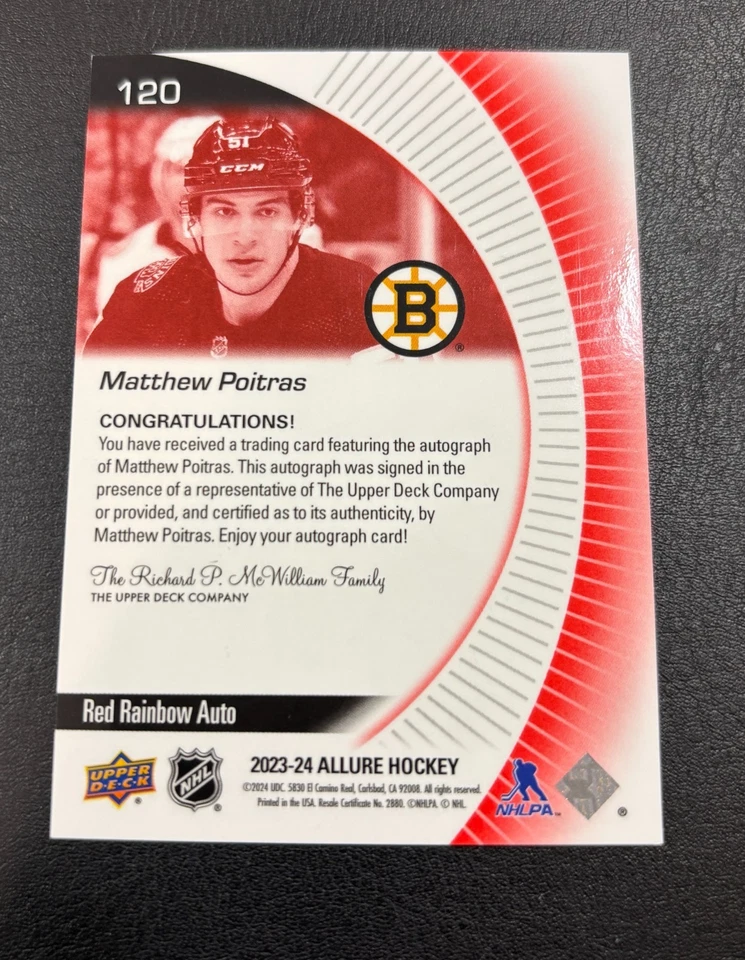 2023-24 UD Allure #120 Matthew Poitras RC Red Rainbow Auto - Image 2 of 2