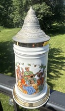Vintage German Porcelain Beer Stein Lidded Nude Lithophane Bottom Tavern Scene