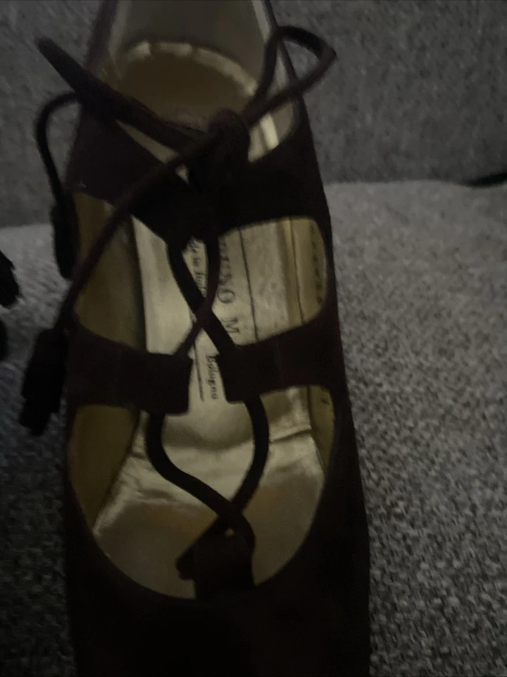 Vintage Bruno Magli brown suede lace high heels narrow shoes Tassel Tie 7 AAA - Image 2 of 4