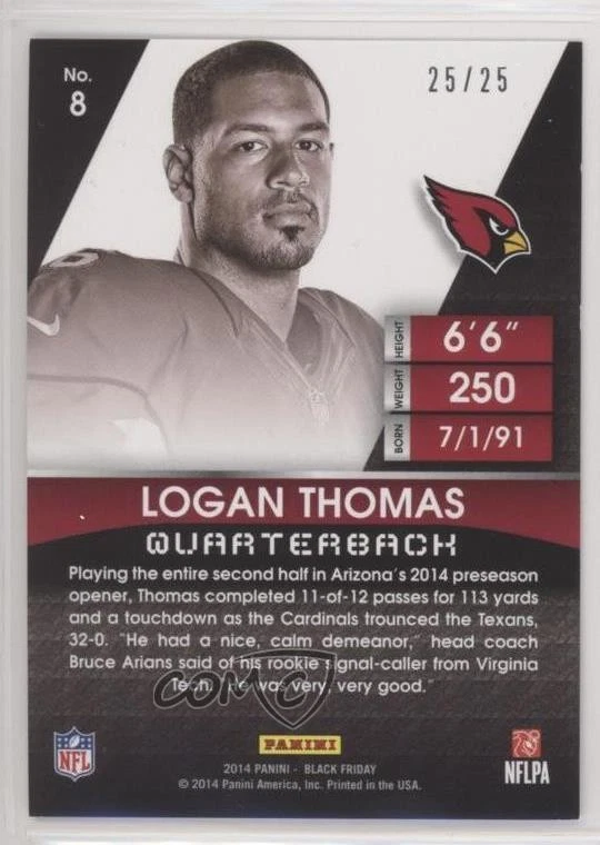 2014 Panini Black Friday Rookie Portrait Cracked Ice /25 Logan Thomas #8 RC - Image 2 of 2