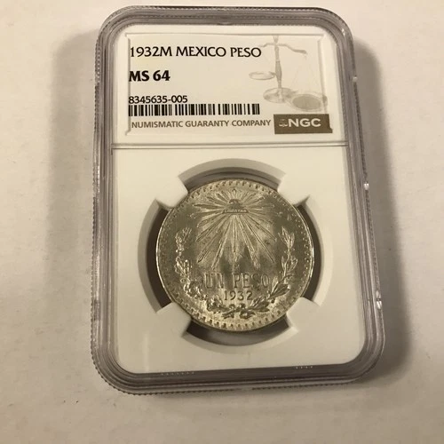 MEXICO 1 PESO 1932M SILVER COIN SLABBED NGC MS 64