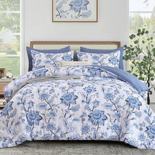 Floral Comforter Set King Size 7 Pieces Bed in a Bag, Blue Paisley Flower Bed S