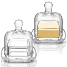 Zoofox 2 Pack Glass Butter Dish, Small Glass Butter Keeper with Lid and Easy Gri