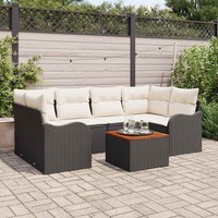 7-Teilige Garten-Sofa-Set Mit Kissen Schwarz Poly Rattan Akazie, 2-Sitzer Garten