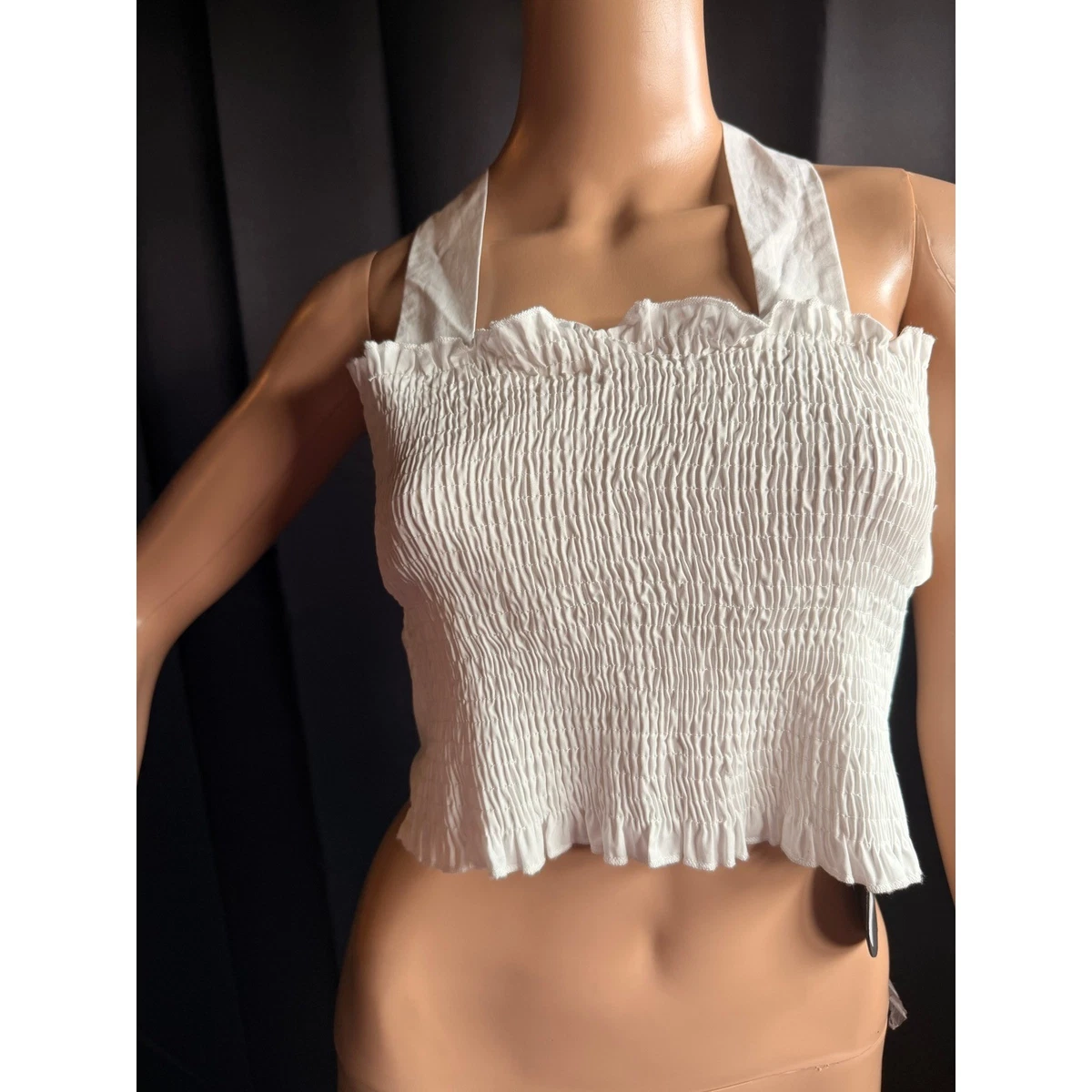 Burans Dayla White Smocked Ruffle Halter Open Back Tie Crop Top 8 Babydoll NEW