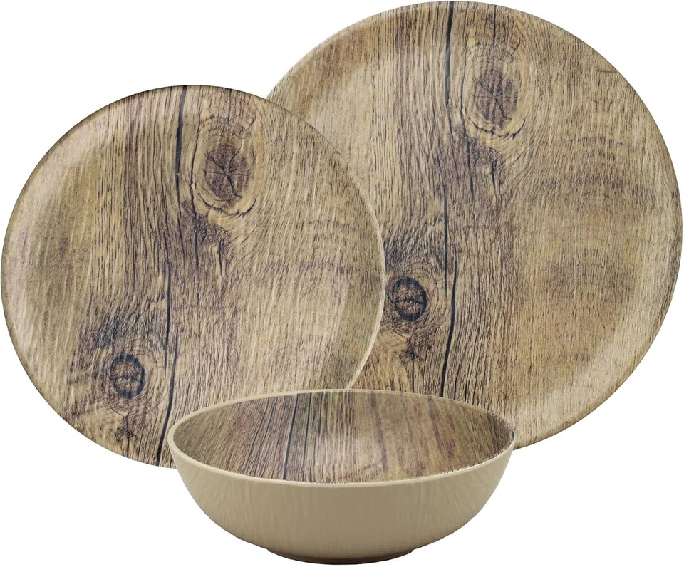 Коричневый деревянный зернистый дизайн, кремовый цвет, меламиновая посуда, 12 шт., набор для 4 - Изображение 3 из 4