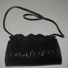 Vintage 1960s Black Patent Vinyl Clutch Bag Handbag Ruffle Strap 60s Mod Evening