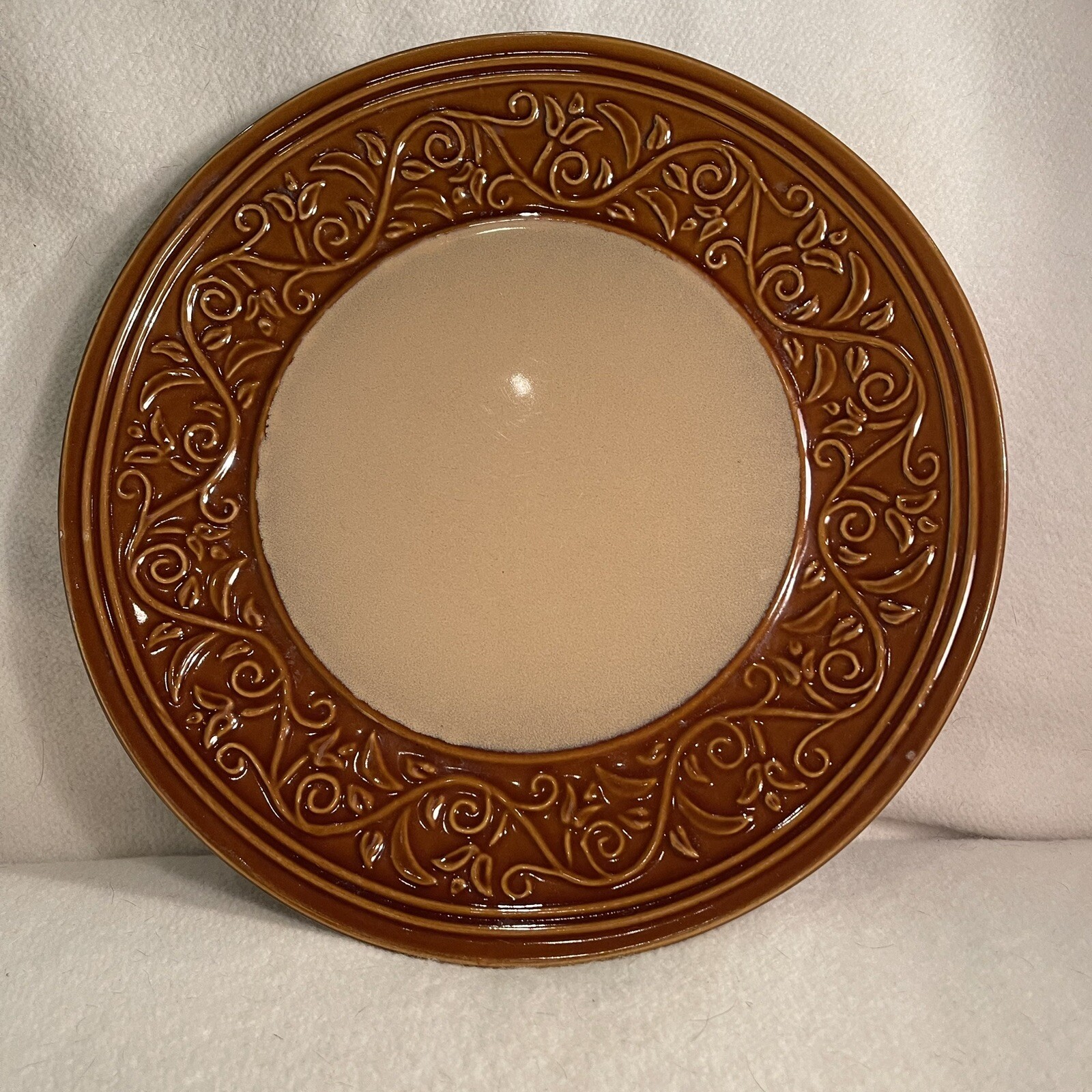 Signature Living Brown Tan Embossed Scroll Dinner Plate 11.25 Inch