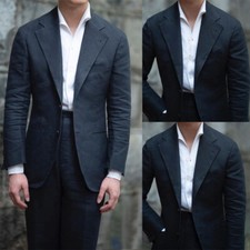 Black Linen Mens Suits Peak Lapel 2 Pieces Business Grooms Prom Party Tuxedos