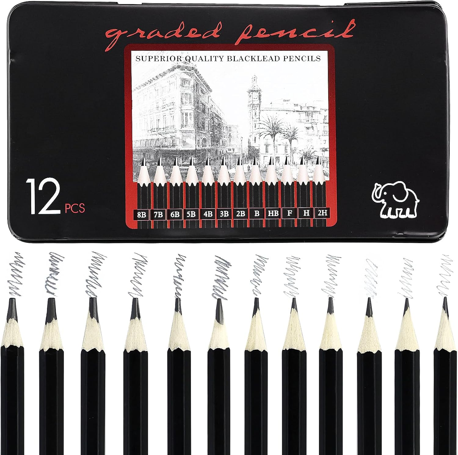 12Pcs Sketching Pencils 8B, 7B, 6B, 5B, 4B, 3B, 2B, B, HB, F, H, 2H Drawing P...