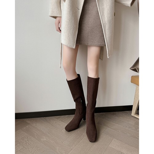 Scarpe stivali al ginocchio donna 2024 moda scamosciati punta quadrata cerniera tacco a blocco JWK - Foto 9 di 14