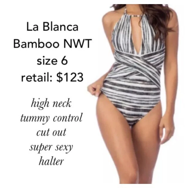 Novo com etiquetas Maiô La Blanca bambu gola alta controle de barriga recorte peça única 6 P $123 - Imagem 3 de 4