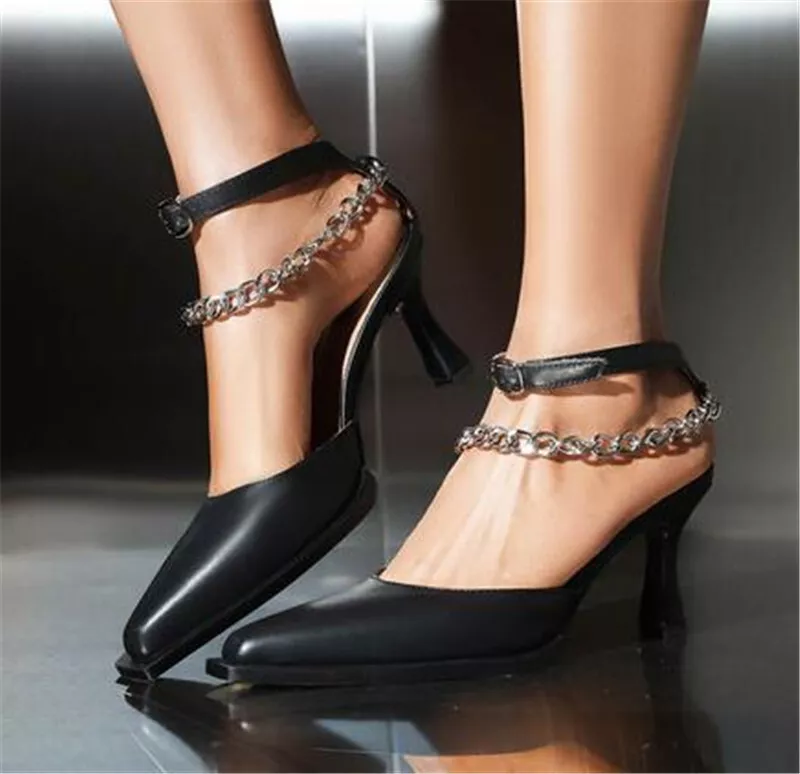 Womens Sandals Pumps Chain Strap Pump Kitten Heels Pointy Toe