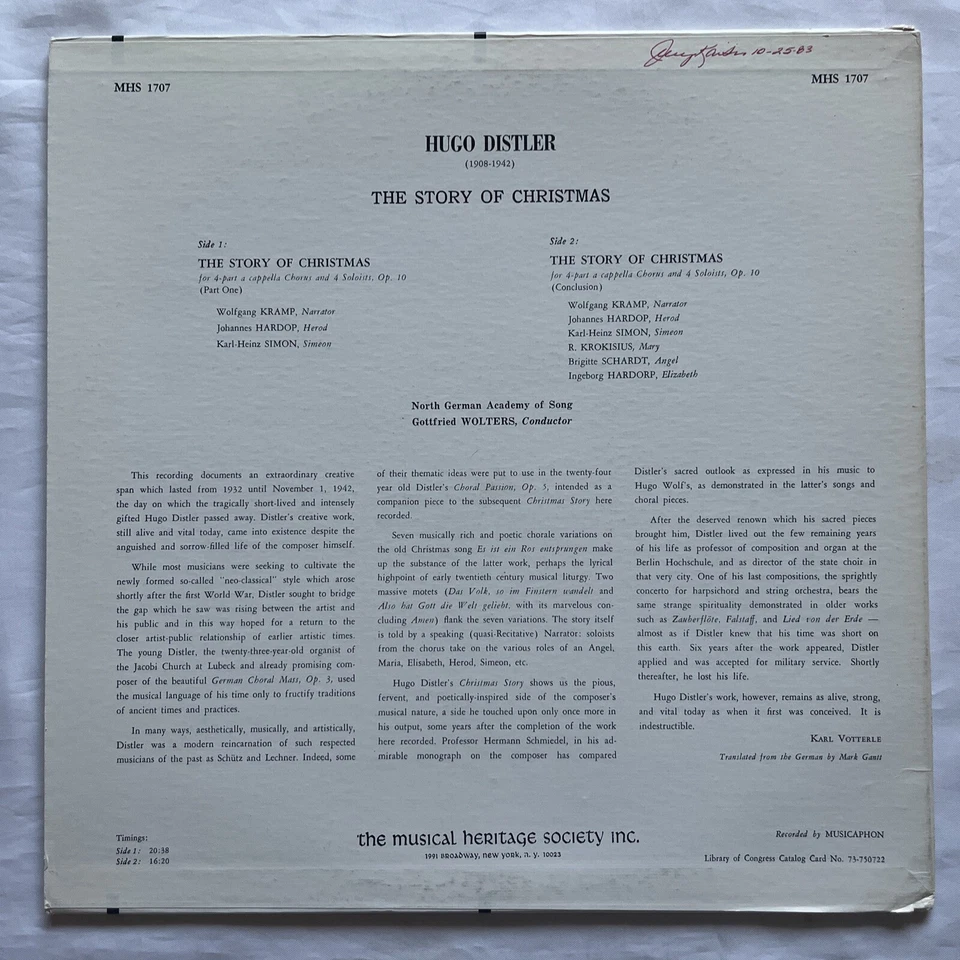 HUGO DISTLER The Christmas Story 1973 LP Musical Heritage Society MHS 1707 - Image 3 of 4