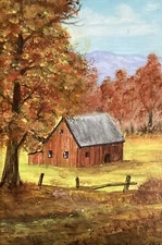 Lacquer Painting Autumn Barn Tree Farm Landscape 8x6 Rustic Fall Tiny Home MCM