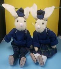 Ice Skater Twin Bunnies Boy  Girl Matching Plaid Outfits Skates Plush Ribbed