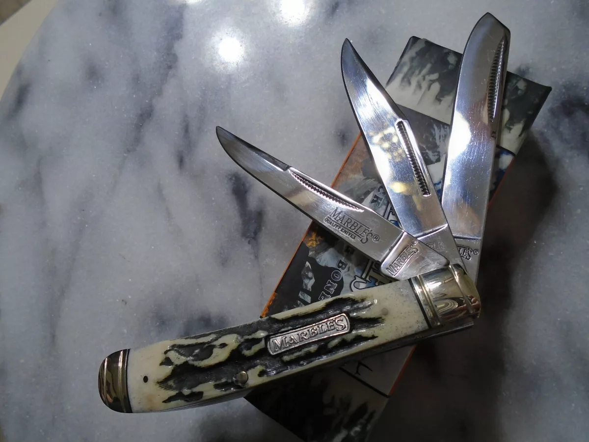 Marbles Black Stag Bone 3 Blade Serpentine Trapper Pocket Knife 