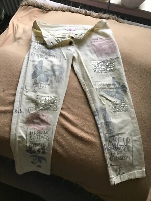 Caprihose Hose gelb creme Blumen pink cherry 36 M - Bild 1 von 4