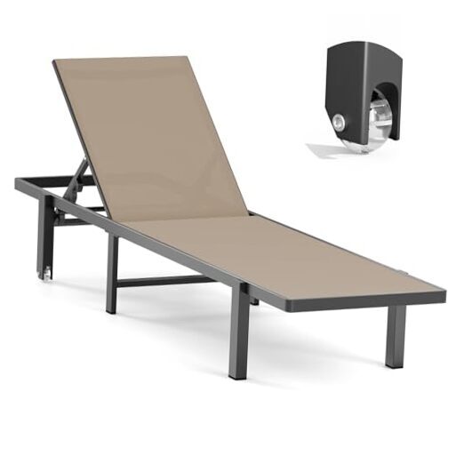 Aluminum Outdoor Chaise Lounge Chair with Wheels in Khaki for Patio