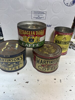 Martinson's Coffee tin, 1 lb. key-wind, w/lid blue+Red,Medaglia Doro