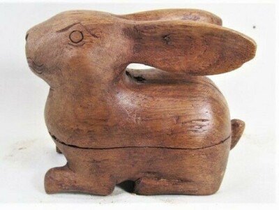 Rabbit Hand Carved Teak Wood Trinket Box Decorative Animal/Fowl Decor