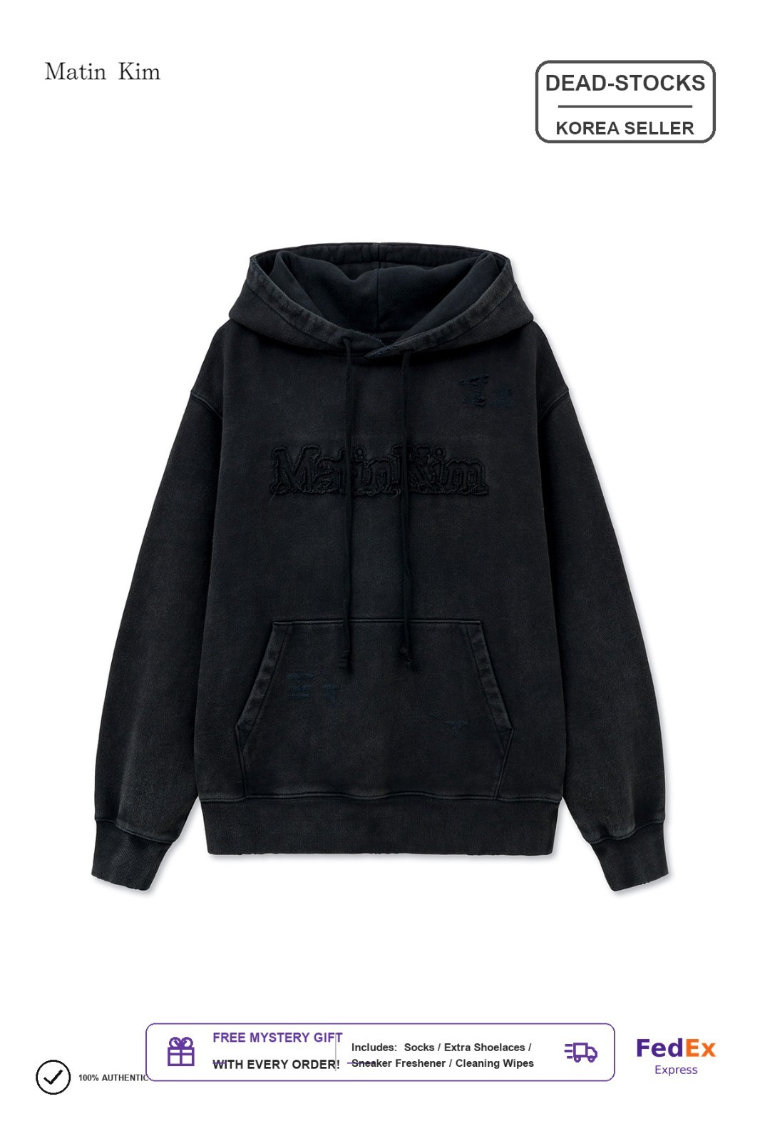 [MATIN KIM] MK2577TS070MBB VINTAGE COLOR DYING LOGO HOODY BLACK Asian Fit FEDEX