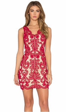 NBD Red Nude Embroidered Lace Mini Dress XS Open Back