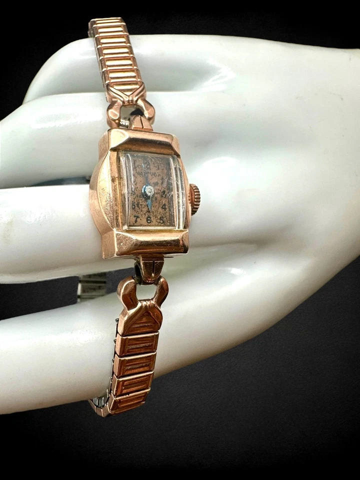 Antique 14kt Solid Rose Gold Women's Bulova Wind Up Watch Works Art Deco - Image 3 of 4