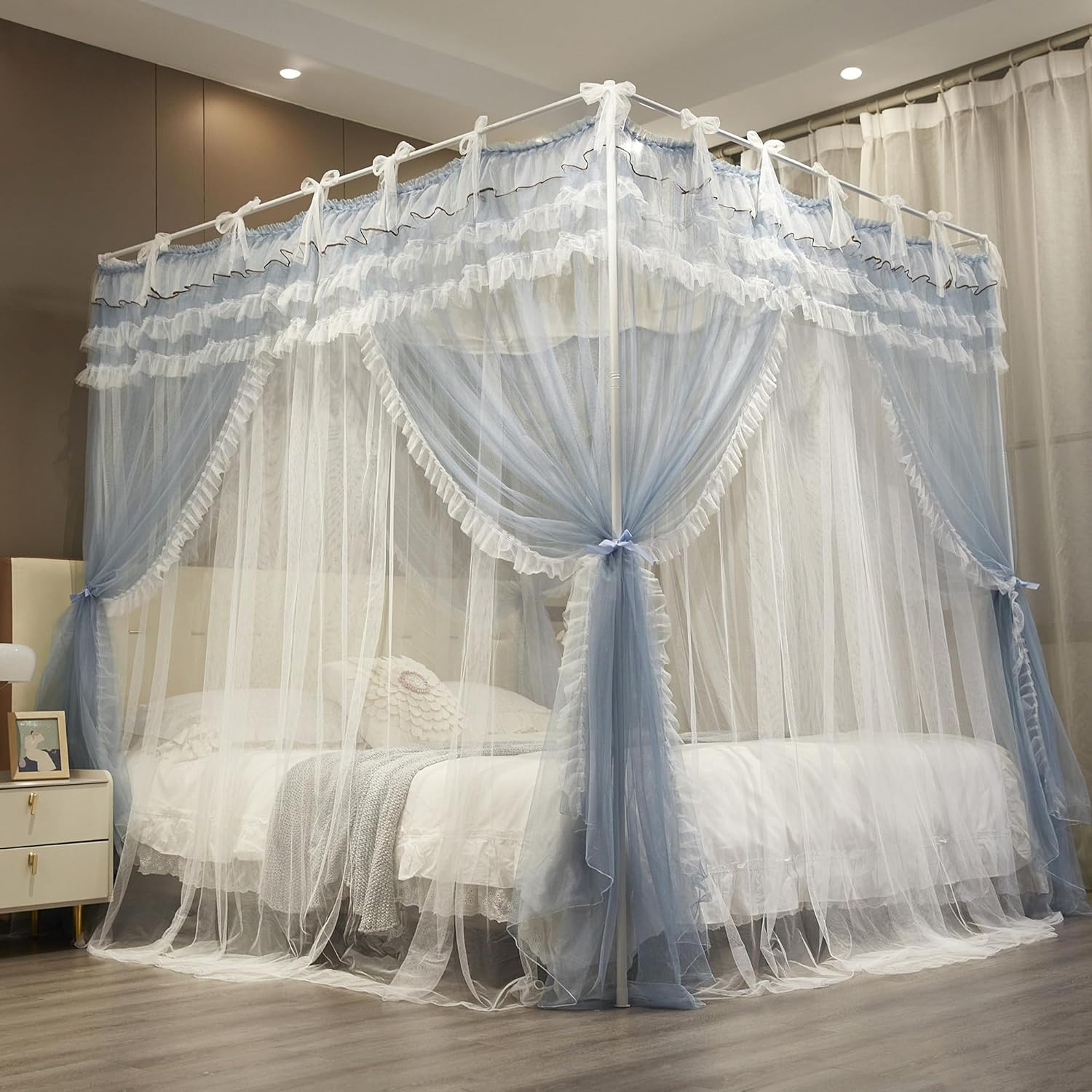 Curtain Double Layer 4 Corners Post Lace Up Ruffle Princess 