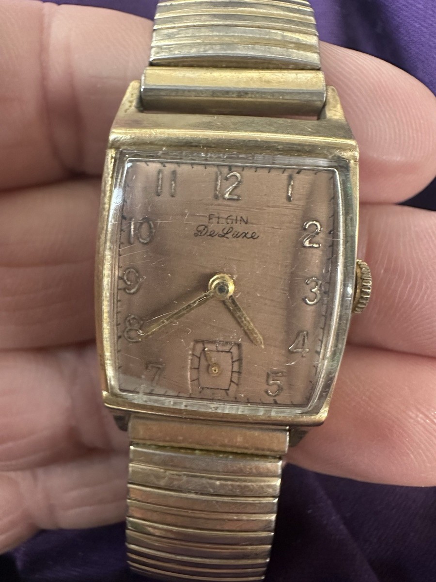 1940s Men's Elgin DeLuxe 10k Gold Filled Wind Watch Spiedel Band