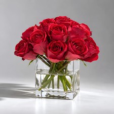 New Luxury Decorative Floral Arrangement with Red Roses in Glass Square Vase 9"