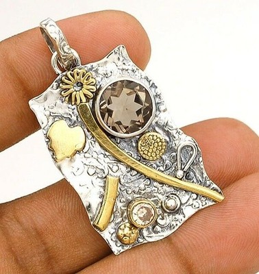 Natürlicher 3 kt dreifarbiger Rauchtopas 925 massiv Sterlingsilber Anhänger @B7-7