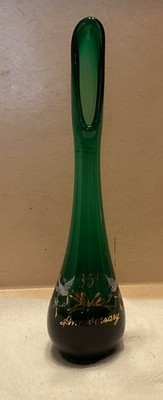 Viking Glass Bud Vase Emerald Green Swung 10.25  35th Anniversary MCM W/Label