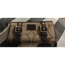 Cartera Coach Zoe Acordeón Cuero Marrón Dorado Jacquard Doble Hebilla Cremallera Alrededor
