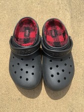 Crocs Kids J3 3 Classic Clog Fleece Lined Black Red Plaid Buffalo