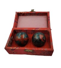 Vintage Chiming Meditation Baoding Balls Cloisonn  Chinese Dragon Red Green Box