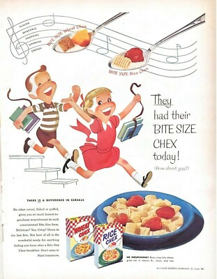 1954 Ralston Rice Chex Wheat Chex Cereal Vintage Print Ad Bite Size Kids