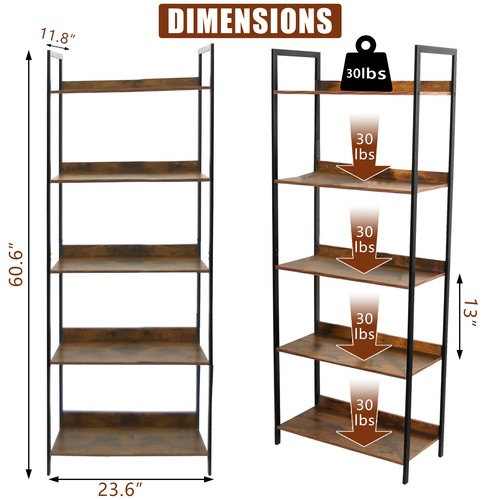 5 Tiers Triple Wide Industrial Bookcase Large Bookshelf for Living Room Brown - Picture 2 of 8