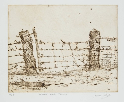 Gerald HUGHES 'Mallee Wire Fence' impresión original firmada GRABADO AUSTRALIA - Imagen 1 de 4