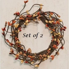 NEW PRIMITIVE Pumpkin Spice Berry Wreath Candle Rings 2pcs 3.5" Tan Crm Orange