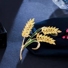 Chic Yellow Gold Plated Cubic Zirconia Enamel Wheat Brooch Pin Fashion Jewellery